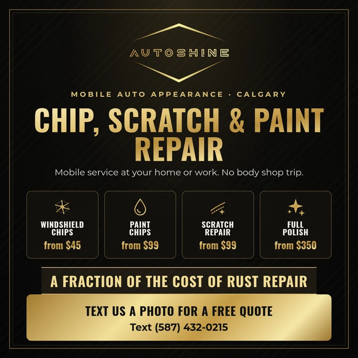 Autoshine Solutions service menu: windshield chips from $45, paint chips from $99, scratch repair from $99, full polish from $350